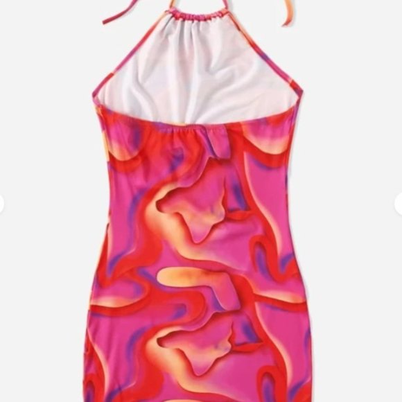 WOMENS - NWOT XS SHEIN ICON Splash Print Tie Back Bodycon Dress pink red orange - Picture 2 of 10